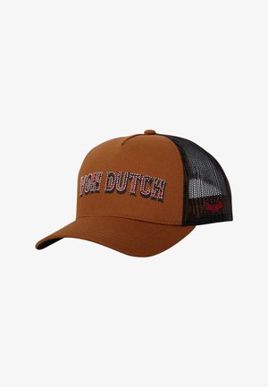 Casquette en tissu marron avec un dos en maille noire, affichant "VON DUTCH" en texte multicolore. Visière courbée et fermeture snapback ajustable.