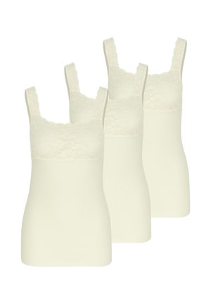 Canottiere da donna color crema con spalline larghe in pizzo e dettagli in pizzo sul petto, mostrate in un set da tre.