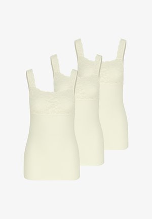 Camisoles crème pour femmes avec larges bretelles en dentelle et détails en dentelle sur la poitrine, présentés en lot de trois.