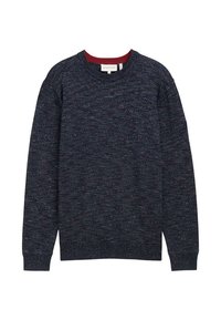 Pull en maille bleu marine avec un motif texturé, encolure ronde et col et poignets en côtes bordeaux. Coupe classique.