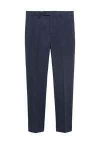 Pantalon bleu marine avec une coupe ajustée, devant plissé et ceinture plate. Fabriqué en tissu lisse avec des poches latérales et une fermeture éclair.