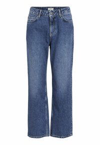 Jean en denim bleu à coupe droite, taille mi-haute, design à cinq poches et texture légèrement décolorée. Comprend des passants de ceinture et une fermeture à bouton.