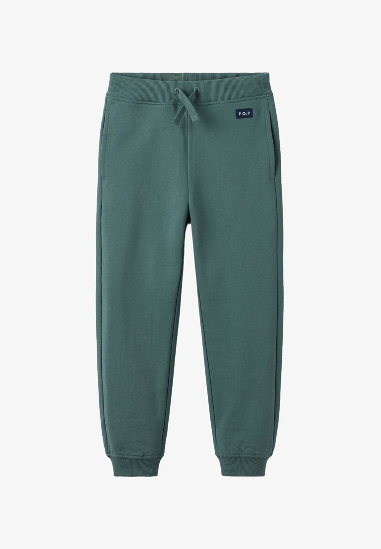 Grüne Sweatpants aus weichem Stoff, ausgestattet mit einem elastischen Bund, Kordelzug, Seitentaschen und gerippten Bündchen an den Knöcheln.
