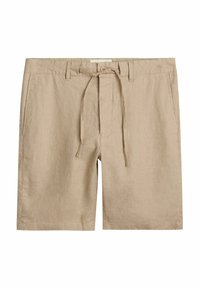 Beige Leinen-Shorts mit entspannter Passform, Zugband und Knopfverschluss, flachem Vorderteil, Seitentaschen und glatter Textur.