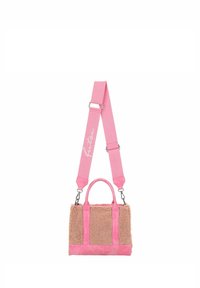 Rosa Handtasche aus weichem, strukturiertem Stoff mit einem plüschigen Körper. Verfügt über rosa Lederakzente, doppelte Griffe und einen verstellbaren Riemen mit Logo.