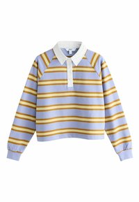 Maglietta rugby a maniche lunghe con colletto bianco, base azzurra chiara e righe orizzontali senape e gialle, con chiusura a bottoni frontalmente.