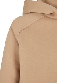 Felpa beige con cappuccio, caratterizzata da un tessuto liscio e strutturato e maniche raglan, che mette in mostra un design minimalista senza decorazioni.