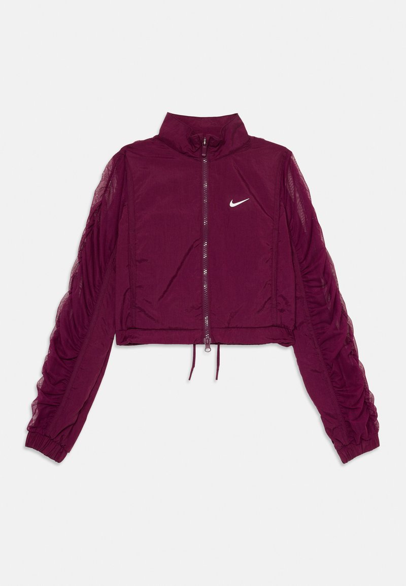 Kratká vínová zipsová bunda s riasenými dlhými rukávmi a bielym logom Nike na hrudi, so stojacím golierom a elastickými manžetami.