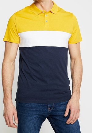 Gelb-weiß-navy gestreiftes Poloshirt mit kurzen Ärmeln und Kragen; verfügt über drei Knöpfe und besteht aus weichem Baumwollmaterial.