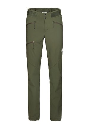 Olivgrüne Outdoor-Hosen aus Stretchstoff, ausgestattet mit zwei vorderen Reißverschlusstaschen und einer seitlichen Reißverschlusstasche, mit Druckknopfverschluss und verstellbarem Bund.