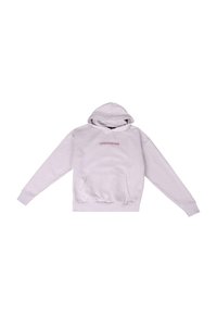 Helle lila Kapuzenpullover aus weichem Stoff, ausgestattet mit einer Kängurutasche, gerippten Bündchen und einem roten Drucklogo in der Mitte.
