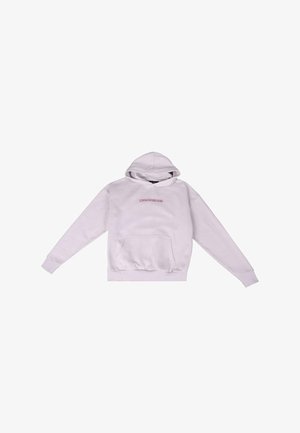 Felpa leggera viola realizzata in morbido tessuto, con tasca a marsupio, polsini a costine e un logo rosso stampato al centro.