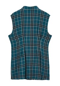 Gilet senza maniche in tessuto a quadri teal, con linee nere e bianche, dotato di un colletto e dettagli plissettati sul retro.