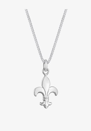 Collier en argent avec un pendentif en fleur de lys poli. La chaîne est fine et tissée, complétant le design élégant du pendentif.