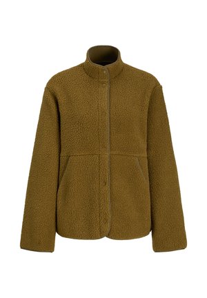 Veste en polaire marron avec col montant, fermeture devant à boutons-pression, manches longues et poches latérales avant.