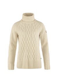 Maglione a collo alto in maglia color crema chiaro con design a treccia, maniche con polsini a costine e orlo, caratterizzato da un piccolo logo sulla manica sinistra.