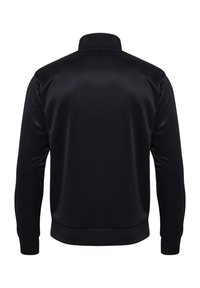 Sort lynlåsjakke lavet af glat stof, med høj krave, lange ærmer og elastiske manchetter. Simpel, ensfarvet design.