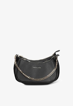 Schwarze Lederschultertasche mit strukturierter Oberfläche, zwei Reißverschlussfächern und einem goldenen Kettenriemen. Vorderseite mit Logo versehen.