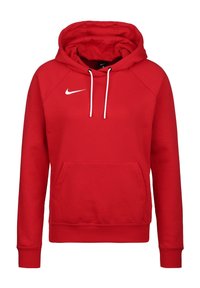 Sweat à capuche rouge avec cordons blancs, poche kangourou à l'avant et logo Nike swoosh blanc sur la poitrine.