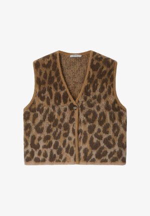 Weste im Leopardenmuster in Brauntönen. Weiche, gestrickte Textur mit V-Ausschnitt und vorderer Knopfleiste. Ärmelloses Design und lässige Passform.