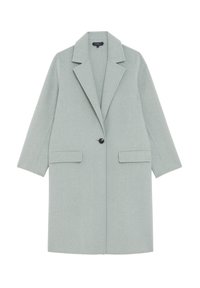 Cappotto di lana grigio chiaro con rever a punta, bottone frontale singolo e due tasche laterali. Caratterizzato da una vestibilità comoda e maniche di lunghezza media.