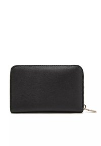 Portafoglio in pelle nera con superficie testurizzata, forma rettangolare e chiusura con zip, dotato di accessori in metallo di colore argento.