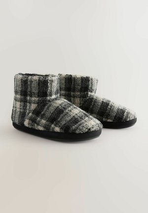 Grijze en zwarte geruite slippers met een zachte, gestructureerde bovenkant en zwarte zolen, ontworpen voor comfort en warmte. Enkelhoogte stijl.
