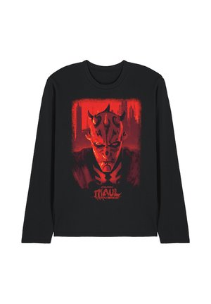Schwarzes Langarmshirt mit rotem Motiv von Darth Mauls Gesicht und Oberkörper, Stadtsilhouette im Hintergrund und dem Schriftzug Star Wars Maul: Shadow Lord darunter.