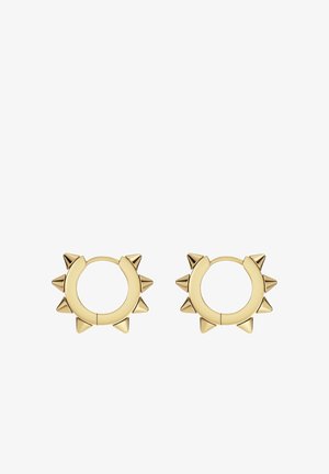 Gold hoop earrings with spiked accents. Circular design, smooth texture with polished finish. Lightweight, bold statement piece.