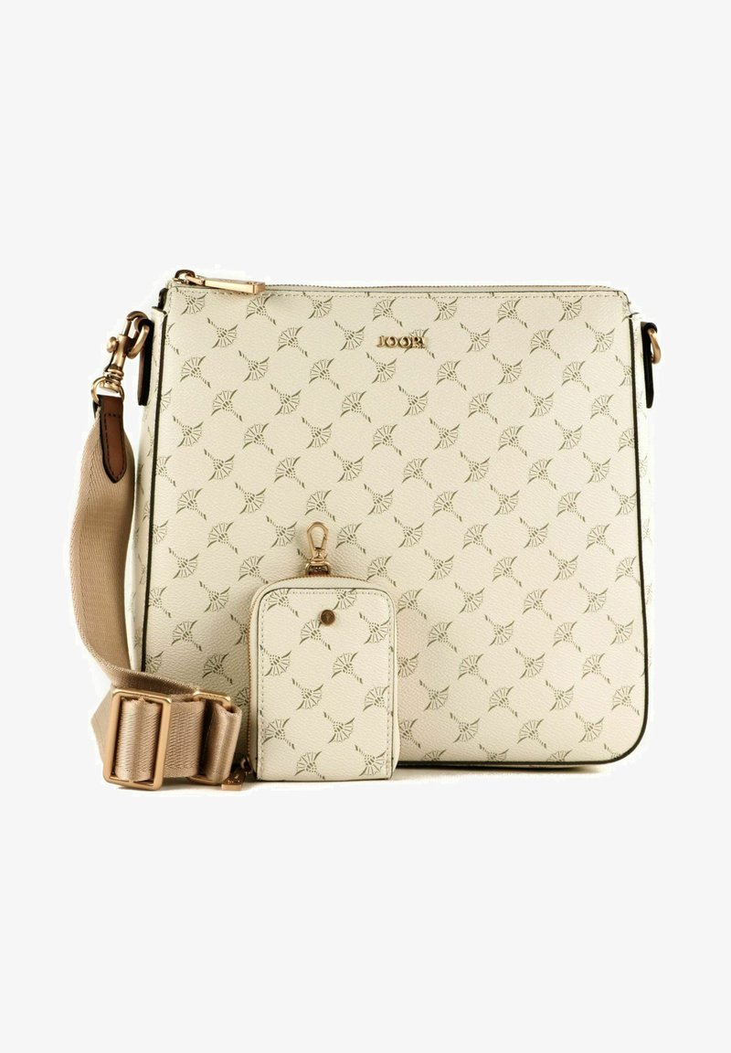 Beige leather handbag with geometric pattern, gold hardware, adjustable strap, and a matching cardholder attached to the front.