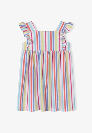 Tiniknek való ruha színes, függőleges csíkokkal, fodros ujjakkal és ráncolt derékkal.