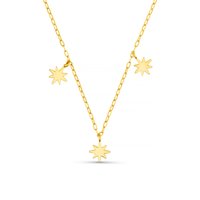 Necklace u zlatnoj boji s dizajnom lanca koji sadrži tri ovjesa u obliku zvijezde, glatke teksture i polirane završne obrade. Jednostavno i geometrijski.