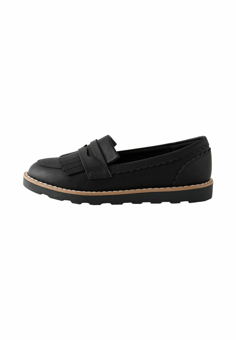 Svarta lädersneakers med fransdetalj, vågiga kanter och en brun gummisula. Har en platt design som är lämplig för casual bruk.