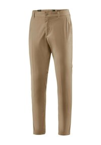 Pantaloni beige slim fit in tessuto liscio. Presentano una chiusura con bottone, tasche laterali e un design a gamba affusolata.