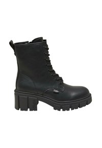 Stivali neri alla caviglia realizzati in pelle liscia, con lace-up frontale, tacco a blocco spesso e un'anello per un'indossatura facile.