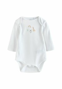 Body à manches longues blanc en coton doux, avec des motifs d'animaux et d'arc-en-ciel dans des couleurs pastel. Comprend des fermetures à pression au bas.