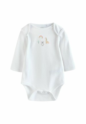 Biely dlhý rukáv body z jemnej bavlny, s dizajnmi zvierat a dúhy v pastelových farbách. Obsahuje patentky v spodnej časti.