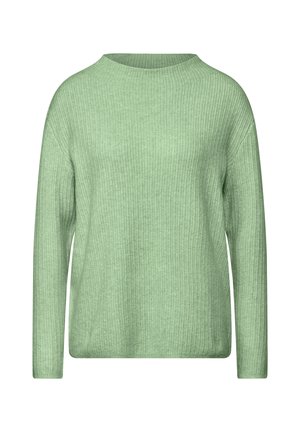 Pull en maille côtelée vert clair avec un col rond, des manches longues et une coupe décontractée. Fabriqué dans un matériau en tricot doux sans aucune quincaillerie visible.