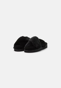 Black faux fur slide slippers with a thick, soft texture and wide crossover straps, featuring a flat rubber sole for comfort.