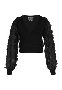 Maglione nero avvolgente con texture a coste e maniche in tulle voluminose con dettagli floreali sovrapposti, rifinito con polsini a coste.