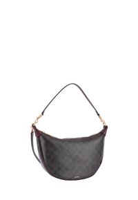 Ciemna torebka hobo z wzorem o gładkiej fakturze, bordowymi akcentami i złotym łańcuszkowym paskiem, z zamkiem błyskawicznym.