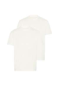 Dos camisetas blancas lisas de algodón, con mangas cortas, escote redondo y un corte relajado. Sin patrones ni acentos visibles.