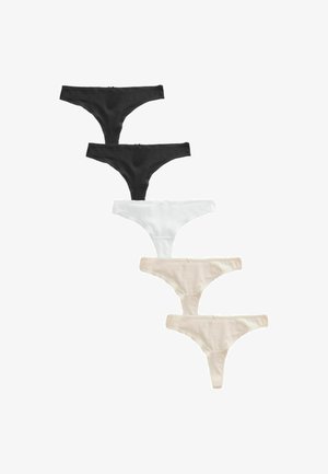 Tričko tanga v čiernej, bielej a béžovej farbe. Vyrobené z jemnej tkaniny s minimálnymi švami a malou mašličkou na páse.