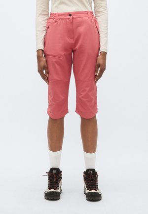 Lyserøde shorts til knæet med en glat tekstur, der har sidelommer med lynlås, bæltestropper og knaplukning i taljen.