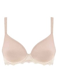 Beige zacht gewatteerde beha met gladde stofcups, kantaccenten aan de onderkant en verstelbare straps met textuur voor ondersteuning.