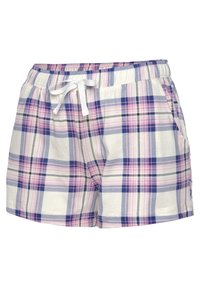 Geruite shorts in wit, roze en blauw. Voorzien van een elastische tailleband met een trekkoord en zijzakken. Gemaakt van een lichtgewicht stof.