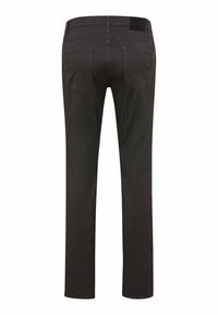Donkergrijze jeans met een recht gesneden ontwerp, subtiele textuur, twee achterzakken en een eenvoudige tailleband met een label.