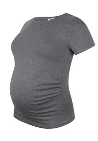 Graues Schwangerschafts-T-Shirt aus weichem Stoff, mit kurzen Ärmeln und seitlichen Raffungen für eine bequeme Passform um den Bauch.