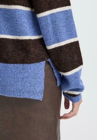 Maglione a righe con colori blu e marrone e accenti bianchi. Tessuto morbido; polsini a coste e uno spacco laterale all'orlo. Indossato sopra una gonna marrone.
