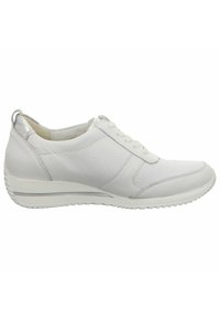 White leather sneaker with a textured upper, lace-up design, padded collar, and flexible rubber sole. Features a silver accent on the heel.